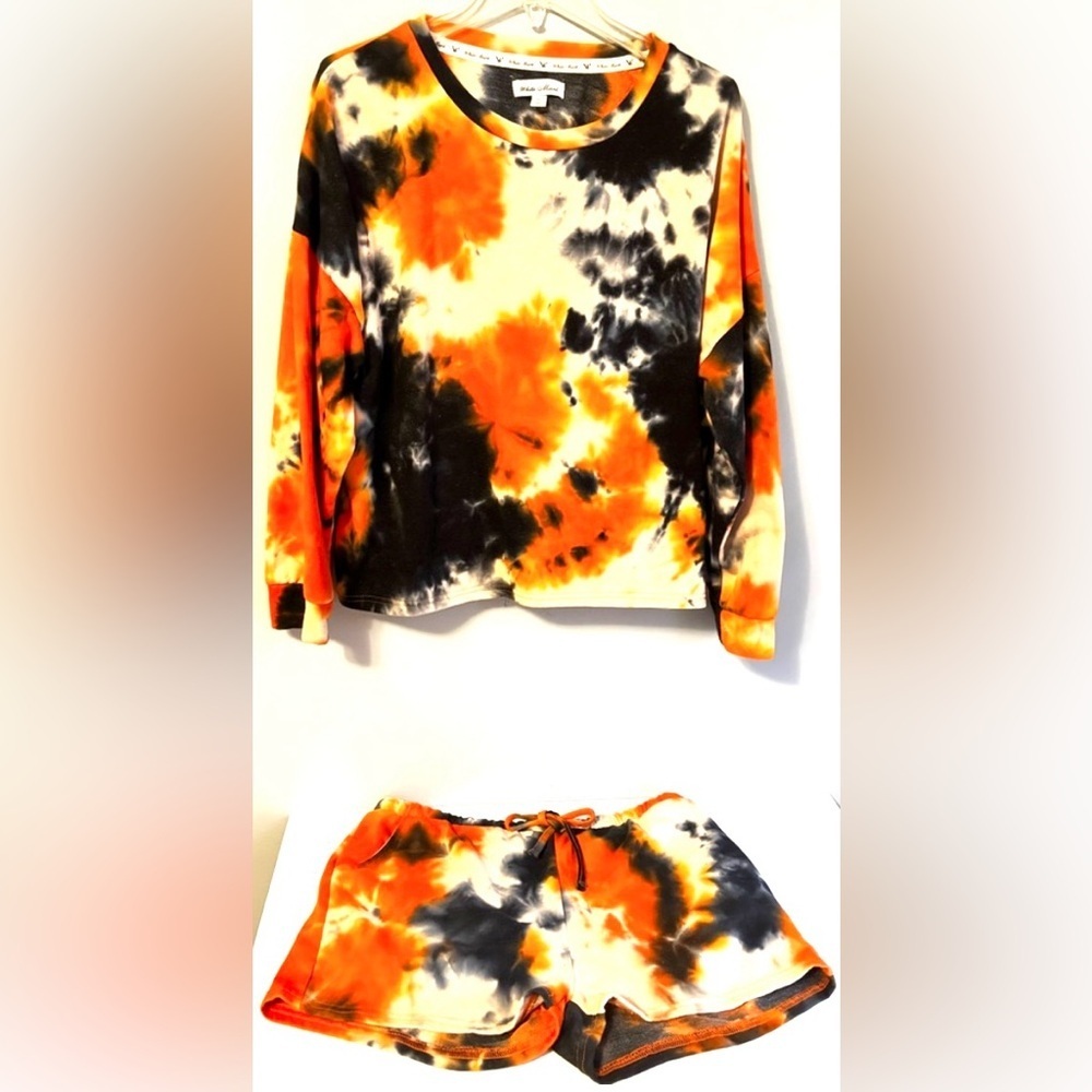 WHITE MARK ORANGE & BLACK TIE DYE LOUNGE TOP & SHORT SET